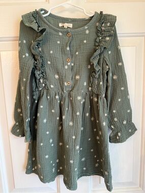 Girls' Sage Green Ruffle Front Button Long-Sleeve Dress with Star Dots